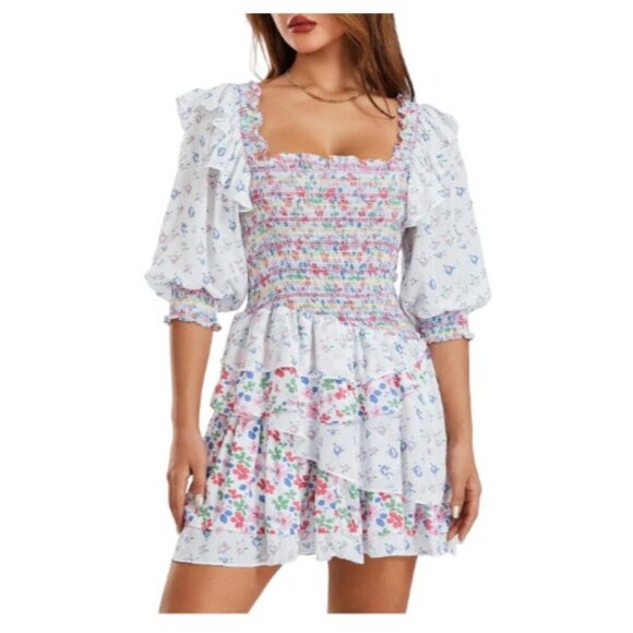70°F/21°C Women's Puffy Sleeve Princess Tulle Mini Dress Size S Coquette Floral - Picture 1 of 11